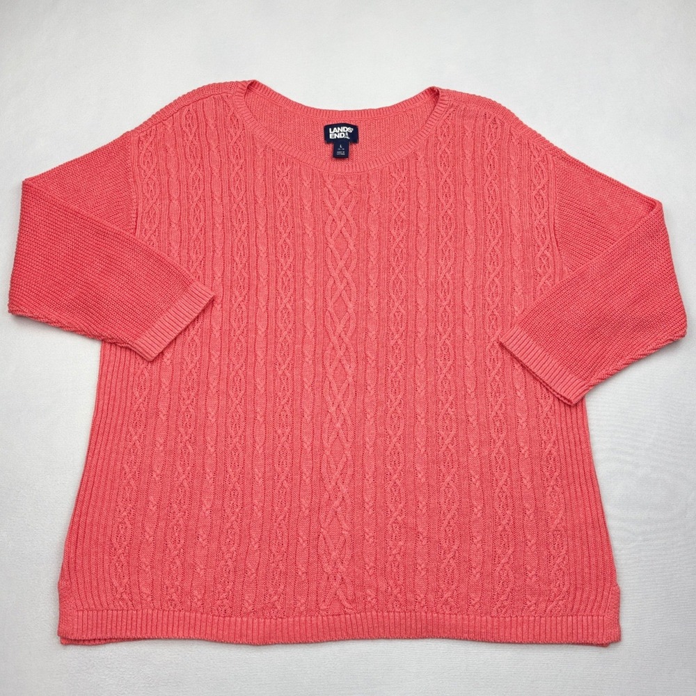 Lands End Linen Cotton Cable Knit Sweater Womens Large 14 16 Coral Pink 3 4 Top